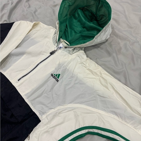 Vintage Adidas Zip Up Windbreaker Black Green And White Hooded Jacket Fleece - Picture 3 of 6